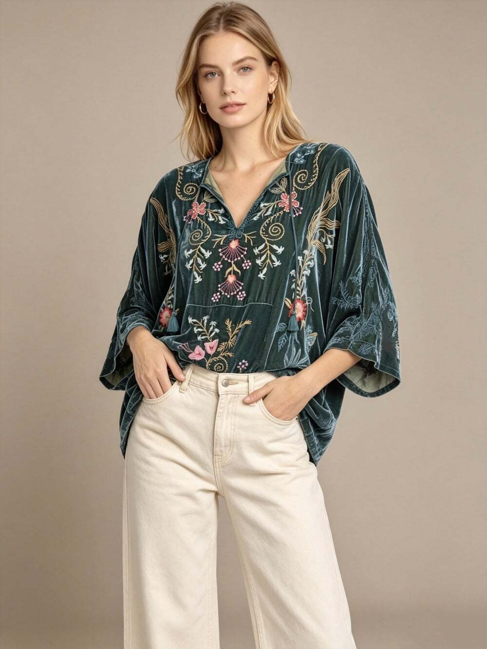 NWOT Johnny Was Silk Blend Velvet Floral Embroidered Tunic Blouse Green Size XL - Picture 3 of 16
